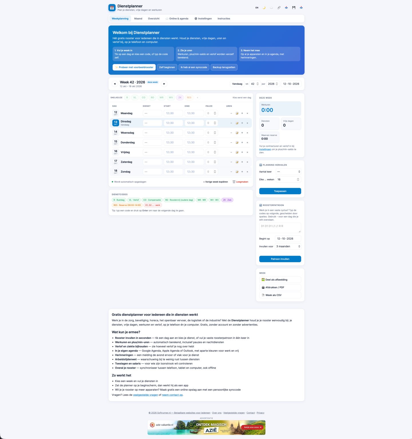 Screenshot van de website Dienstplanner om (werk)diensten in te plannen